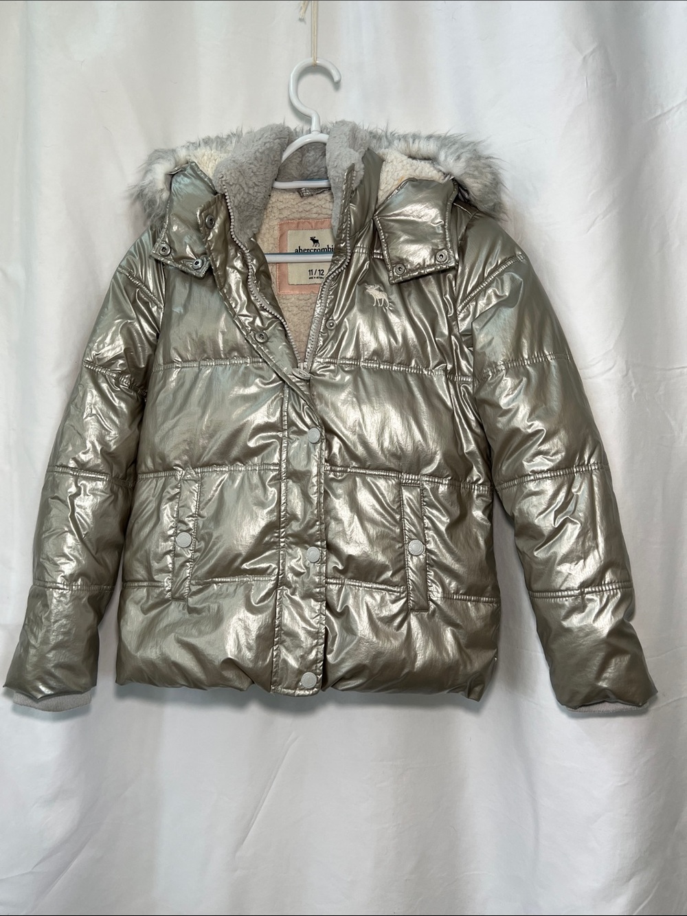 Albercrombie Kids Silver Metallic Puffer Jacket with Faux Fur Hood Size 11/12